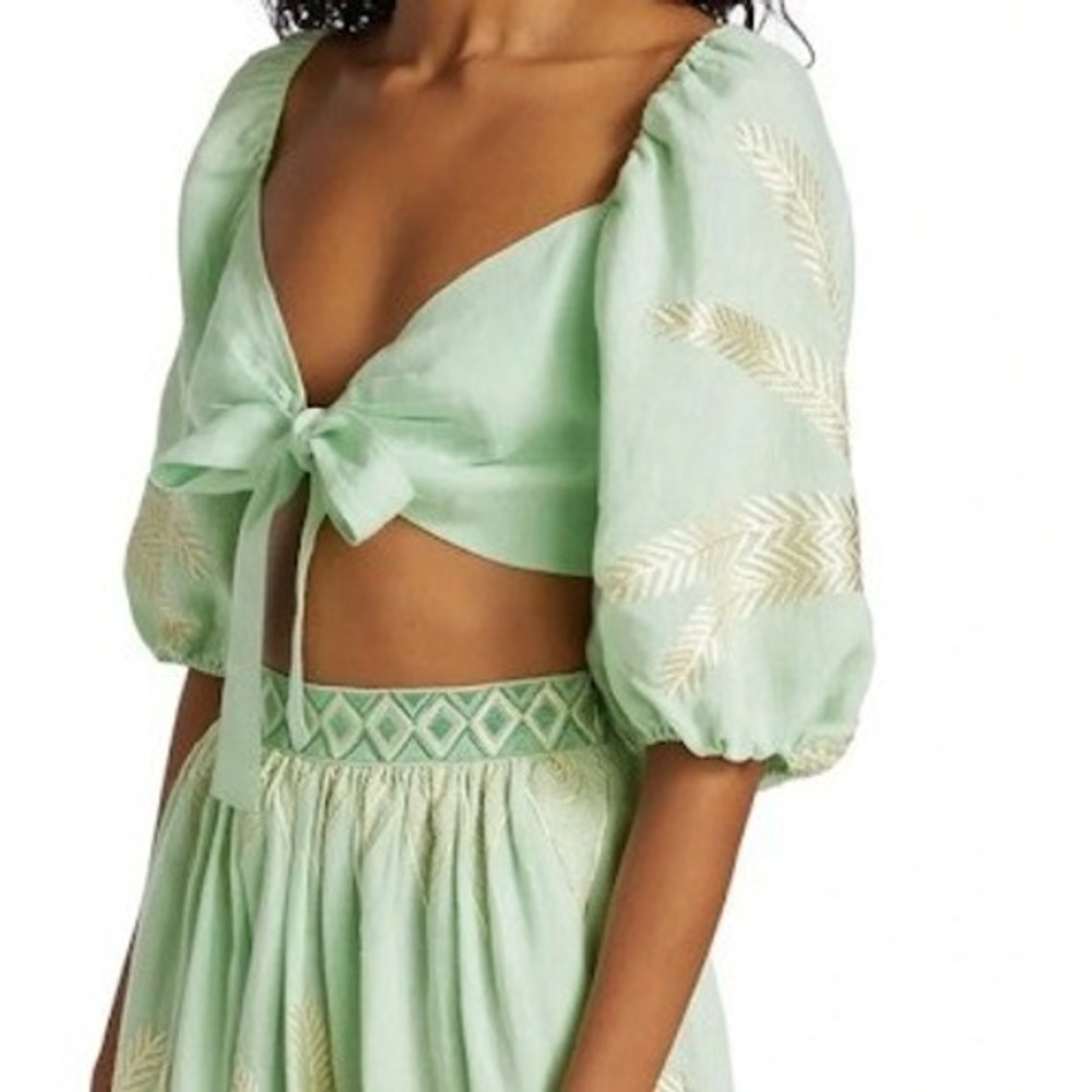 Emporio Sirenuse Thaia Palm Embroidered Crop Top Biscay Green 46/10 NEW Designer